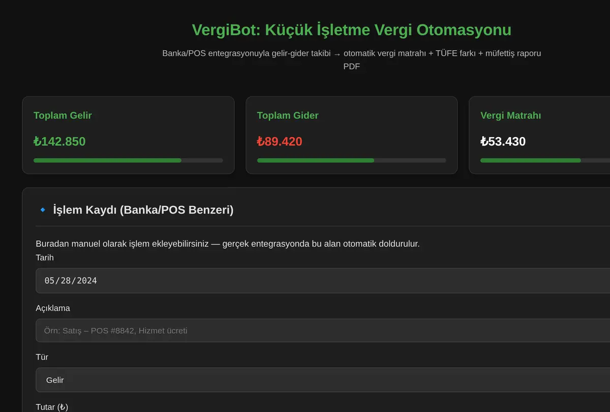 VergiBot: Küçük İşletme Vergi Otomasyonu ekran görüntüsü