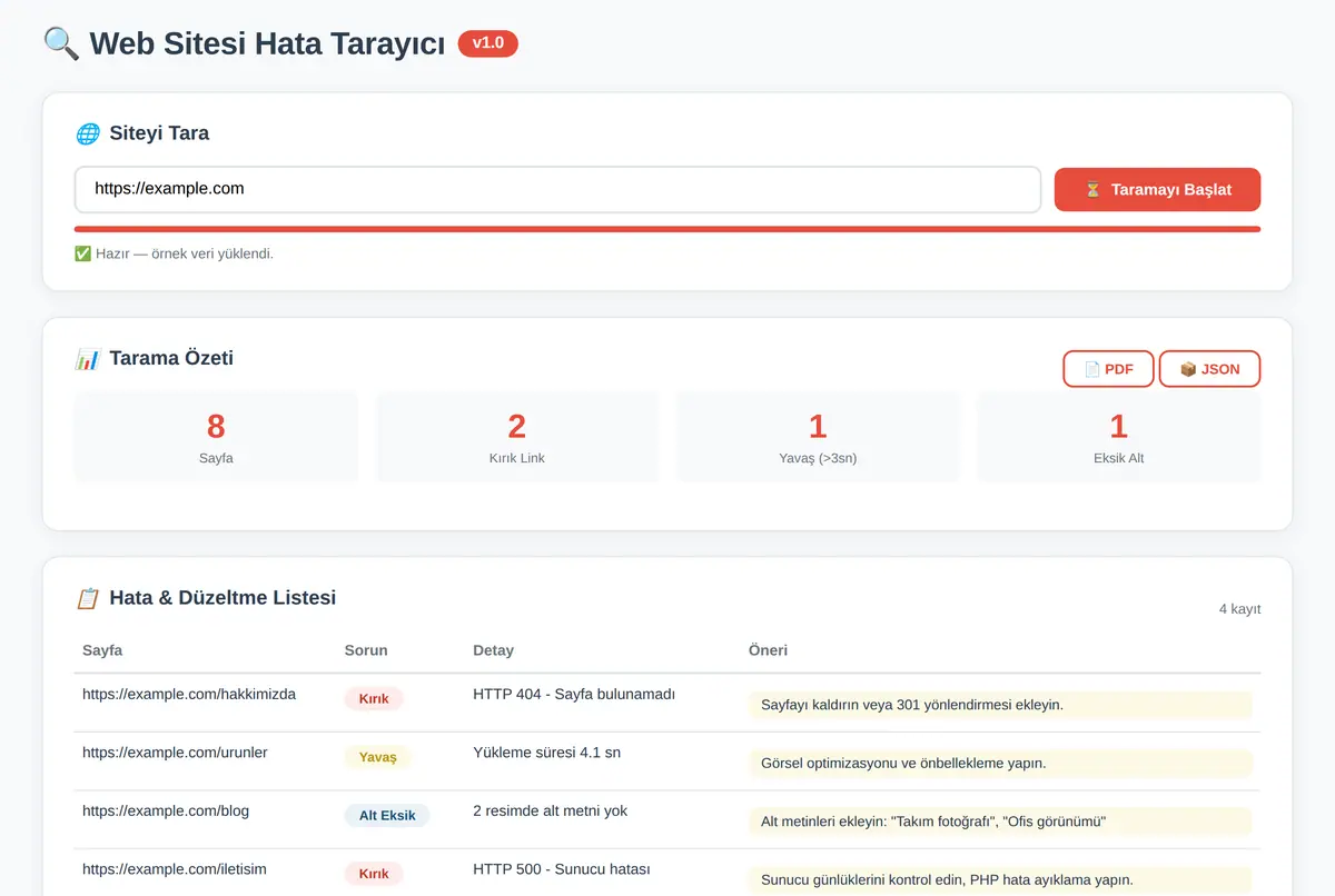 Web Sitesi Hata Tarayıcı & Düzeltme Raporu ekran görüntüsü 2