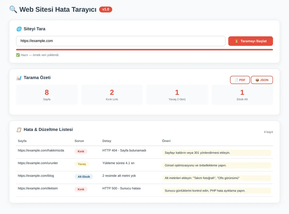 Web Sitesi Hata Tarayıcı & Düzeltme Raporu ekran görüntüsü 3