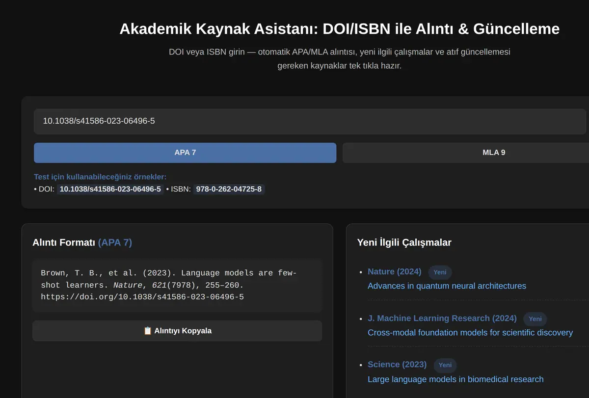 Akademik Kaynak Asistanı: DOI/ISBN ile Alıntı & Güncelleme ekran görüntüsü