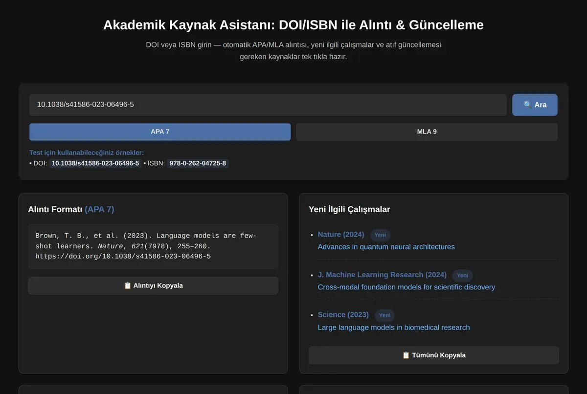 Akademik Kaynak Asistanı: DOI/ISBN ile Alıntı & Güncelleme ekran görüntüsü 2