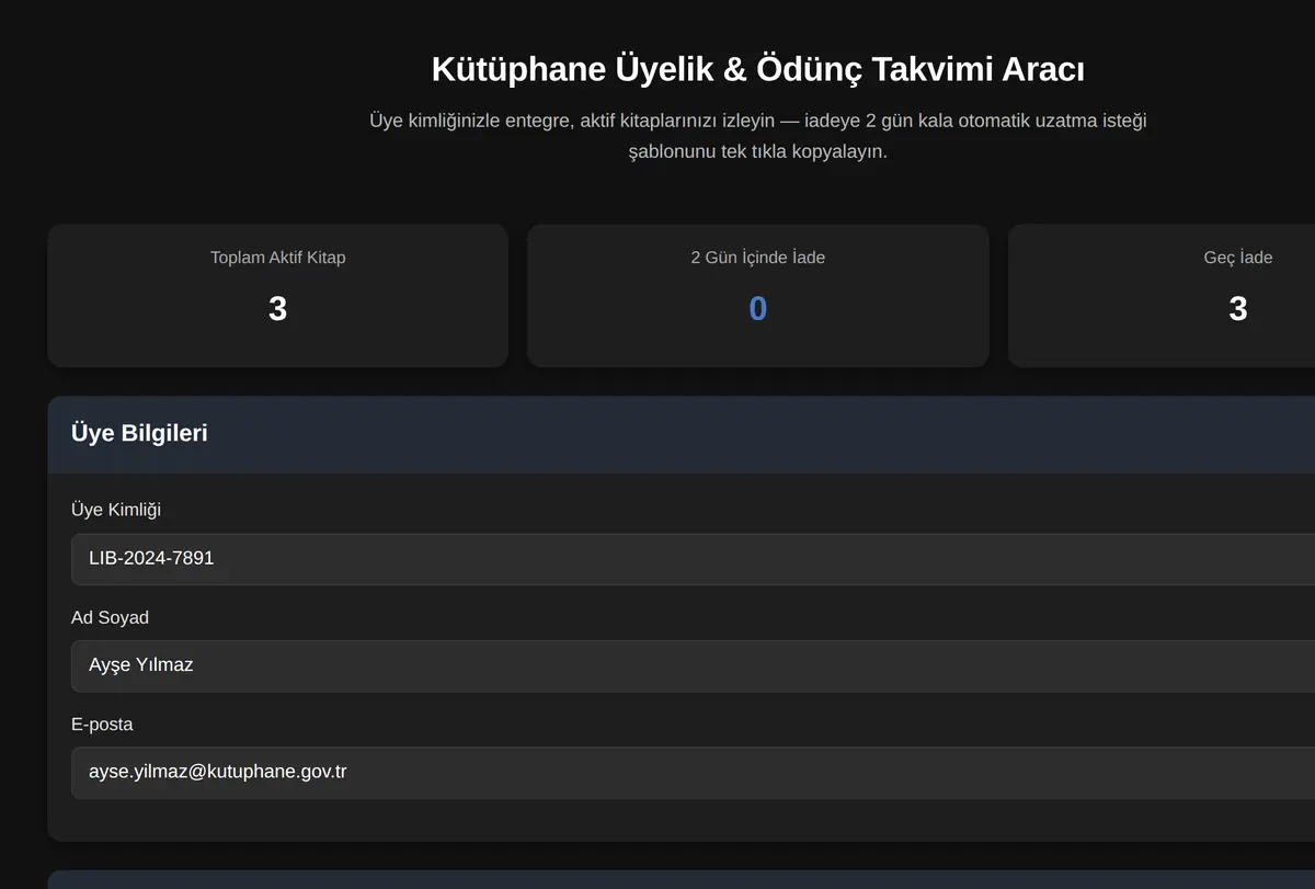 Kütüphane Üyelik & Ödünç Takvimi Aracı ekran görüntüsü