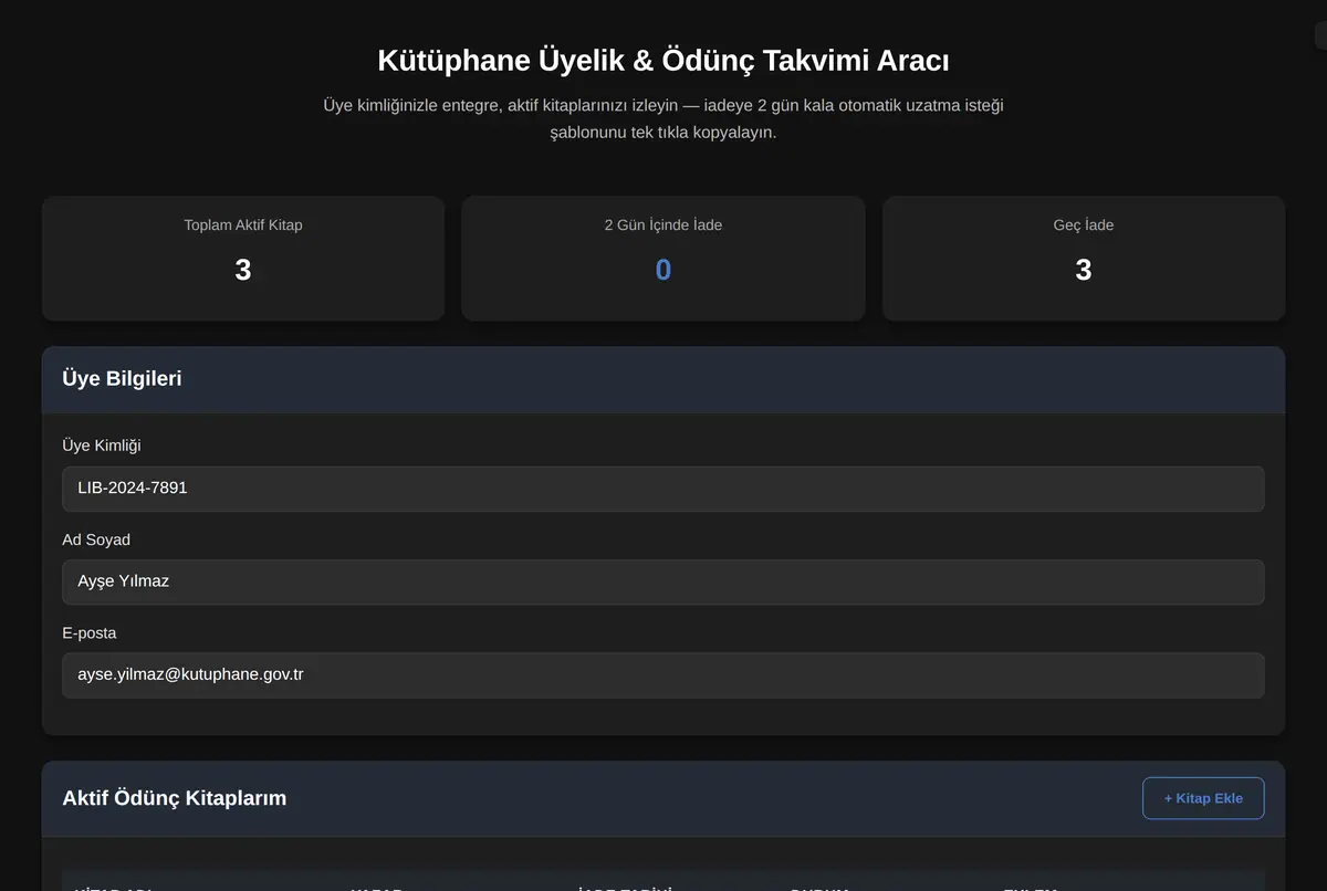 Kütüphane Üyelik & Ödünç Takvimi Aracı ekran görüntüsü 2