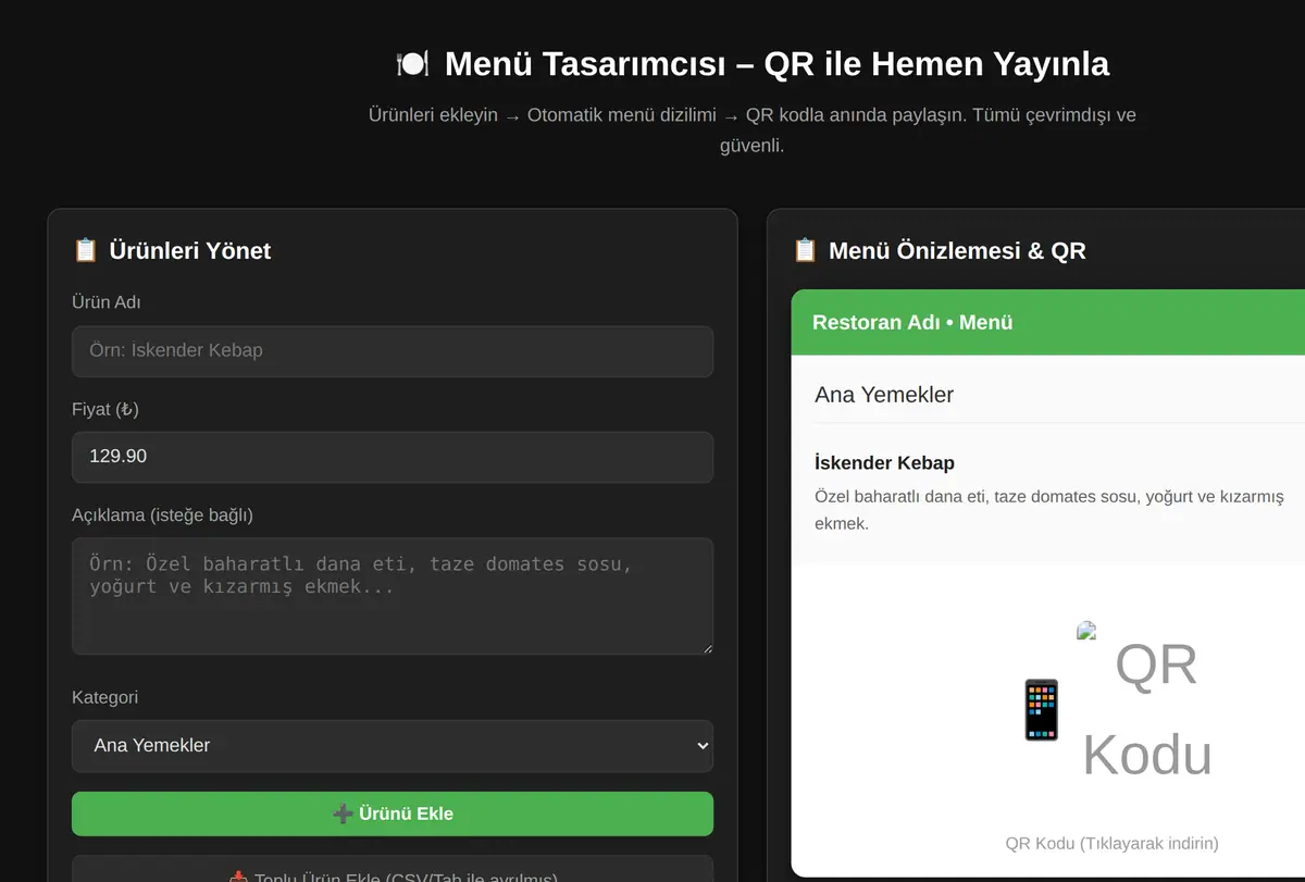 Menü Tasarımcısı - QR ile Hemen Yayınla ekran görüntüsü