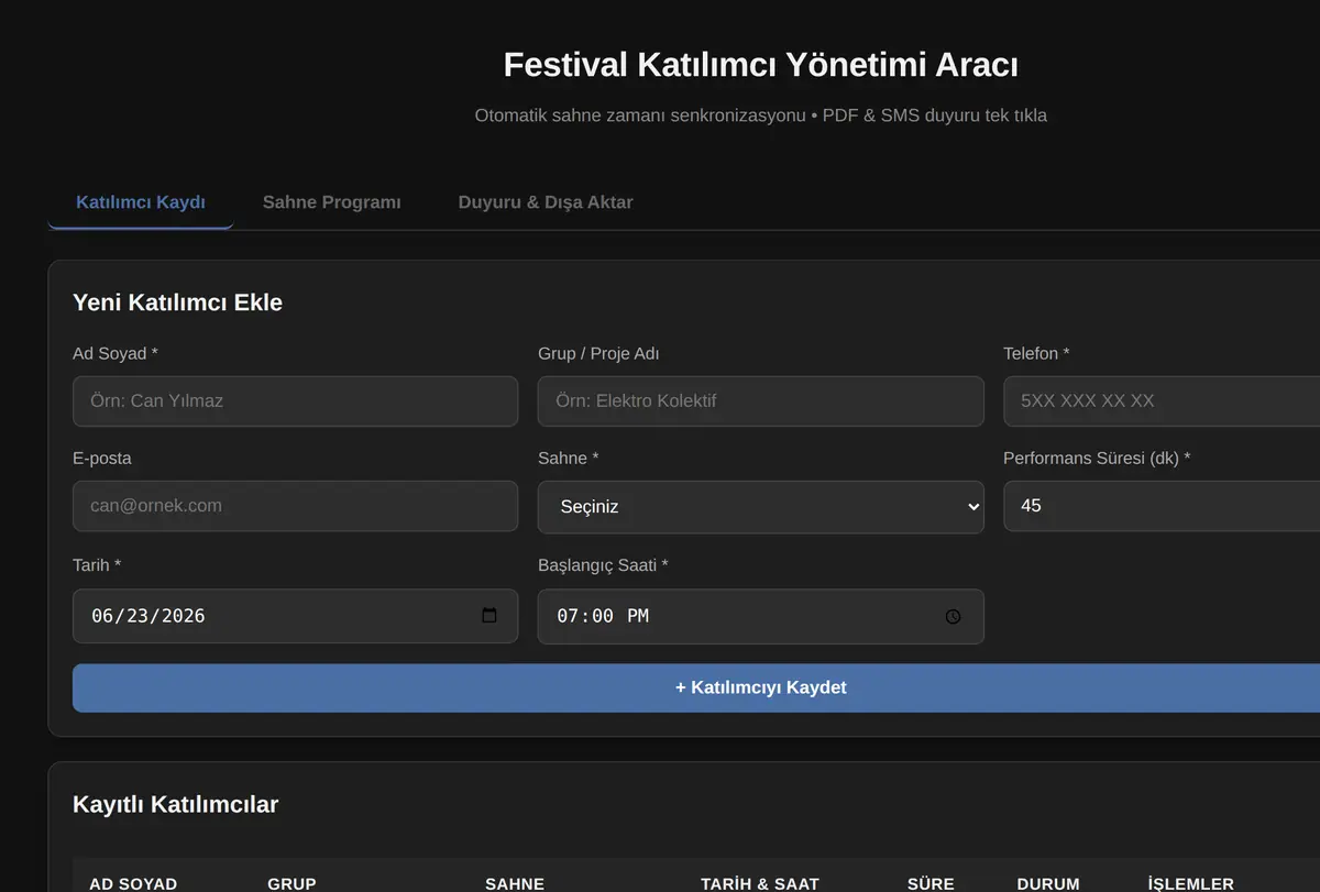 Festival Katılımcı Yönetimi Aracı ekran görüntüsü