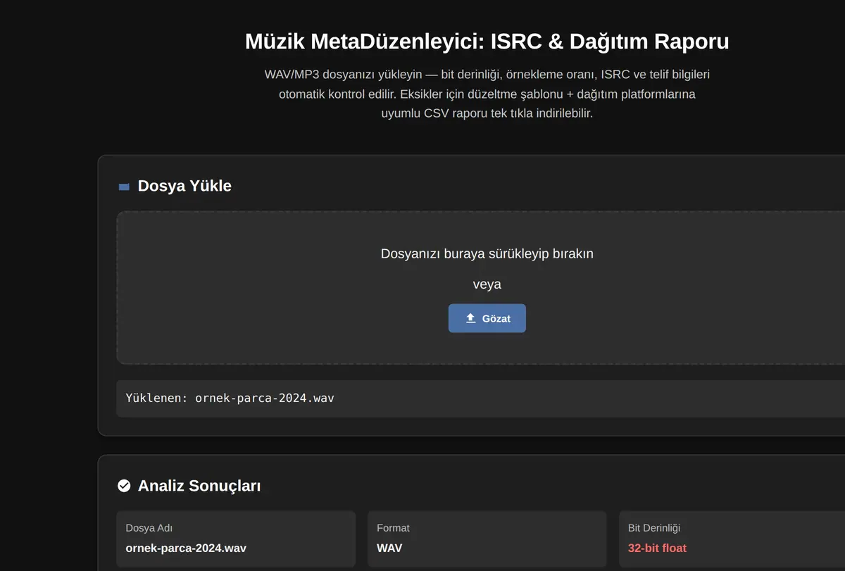 Müzik MetaDüzenleyici: ISRC & Dağıtım Raporu ekran görüntüsü