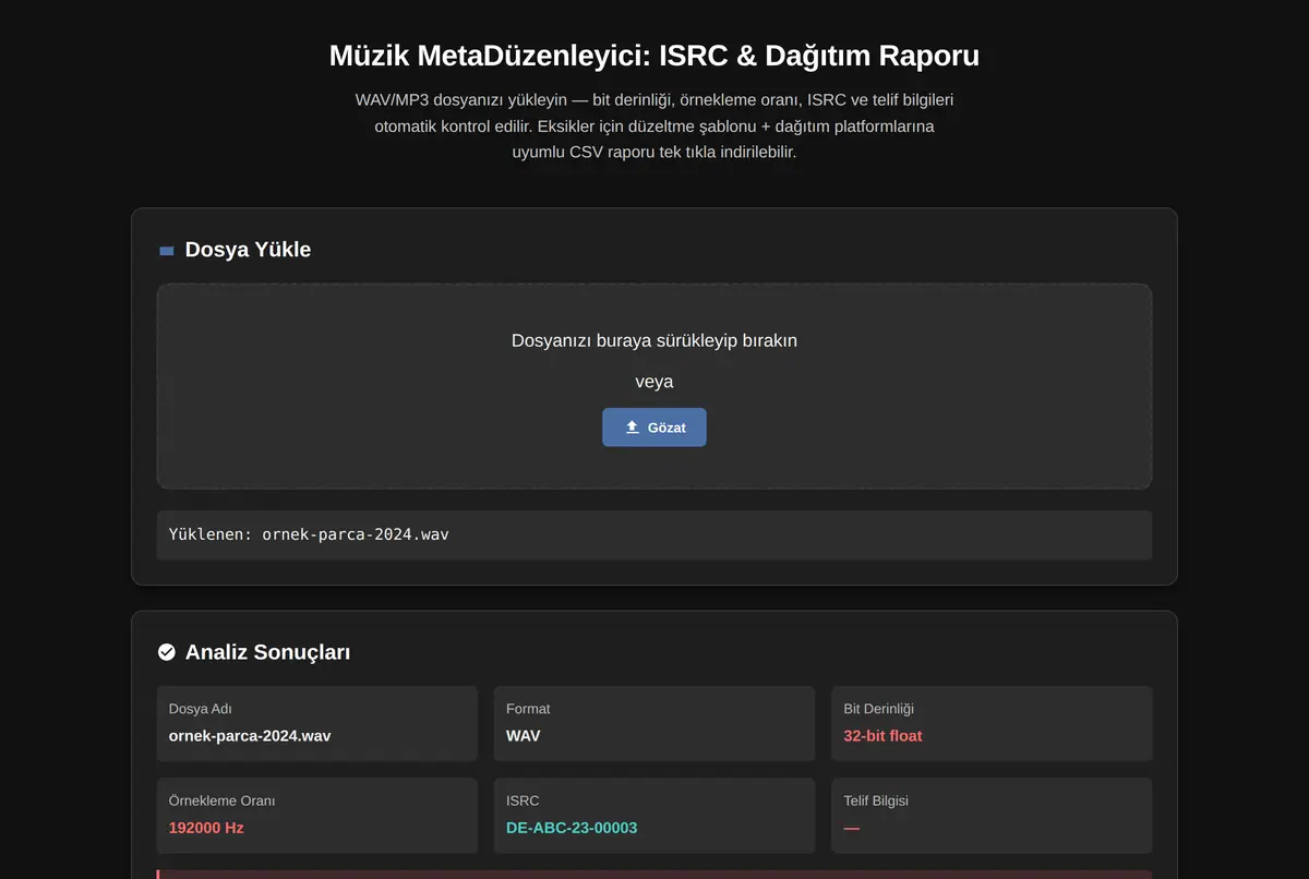 Müzik MetaDüzenleyici: ISRC & Dağıtım Raporu ekran görüntüsü 2