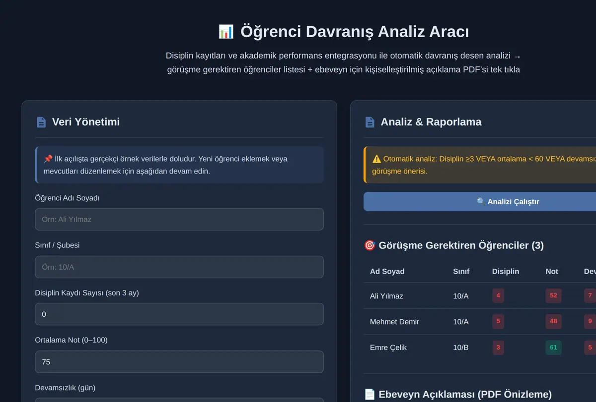Öğrenci Davranış Analiz Aracı ekran görüntüsü