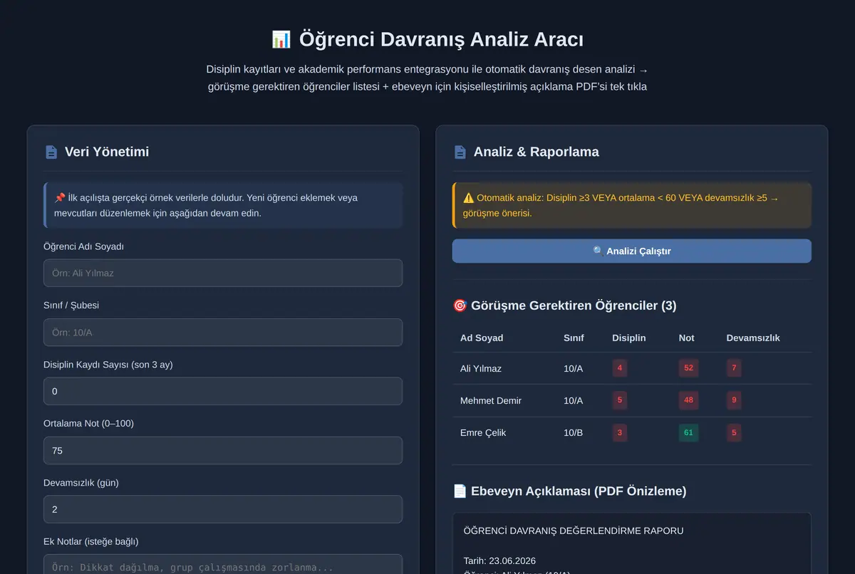 Öğrenci Davranış Analiz Aracı ekran görüntüsü 2