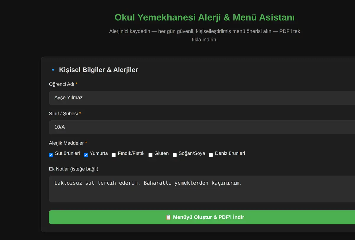 Okul Yemekhanesi Alerji & Menü Asistanı ekran görüntüsü