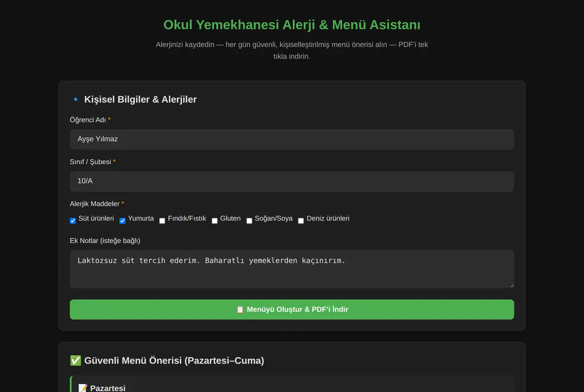 Okul Yemekhanesi Alerji & Menü Asistanı ekran görüntüsü 2