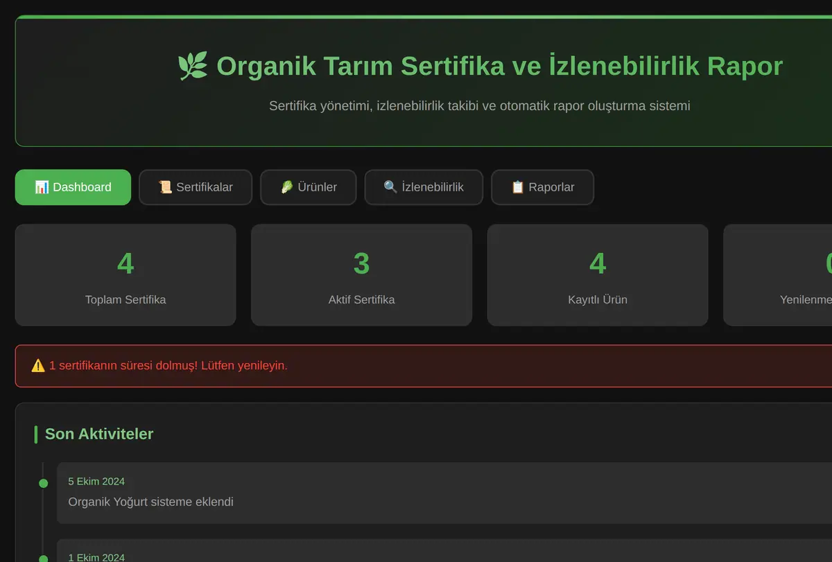 Organik Tarım Sertifika ve İzlenebilirlik Rapor ekran görüntüsü