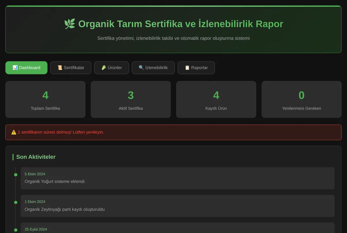 Organik Tarım Sertifika ve İzlenebilirlik Rapor ekran görüntüsü 2