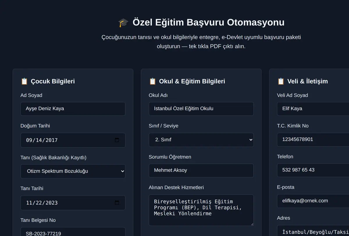 Özel Eğitim Başvuru Otomasyonu ekran görüntüsü