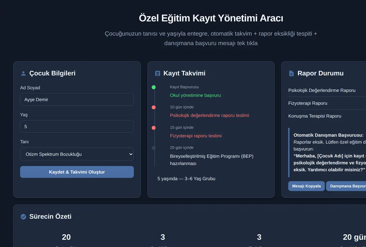 Özel Eğitim Kayıt Yönetimi Aracı ekran görüntüsü