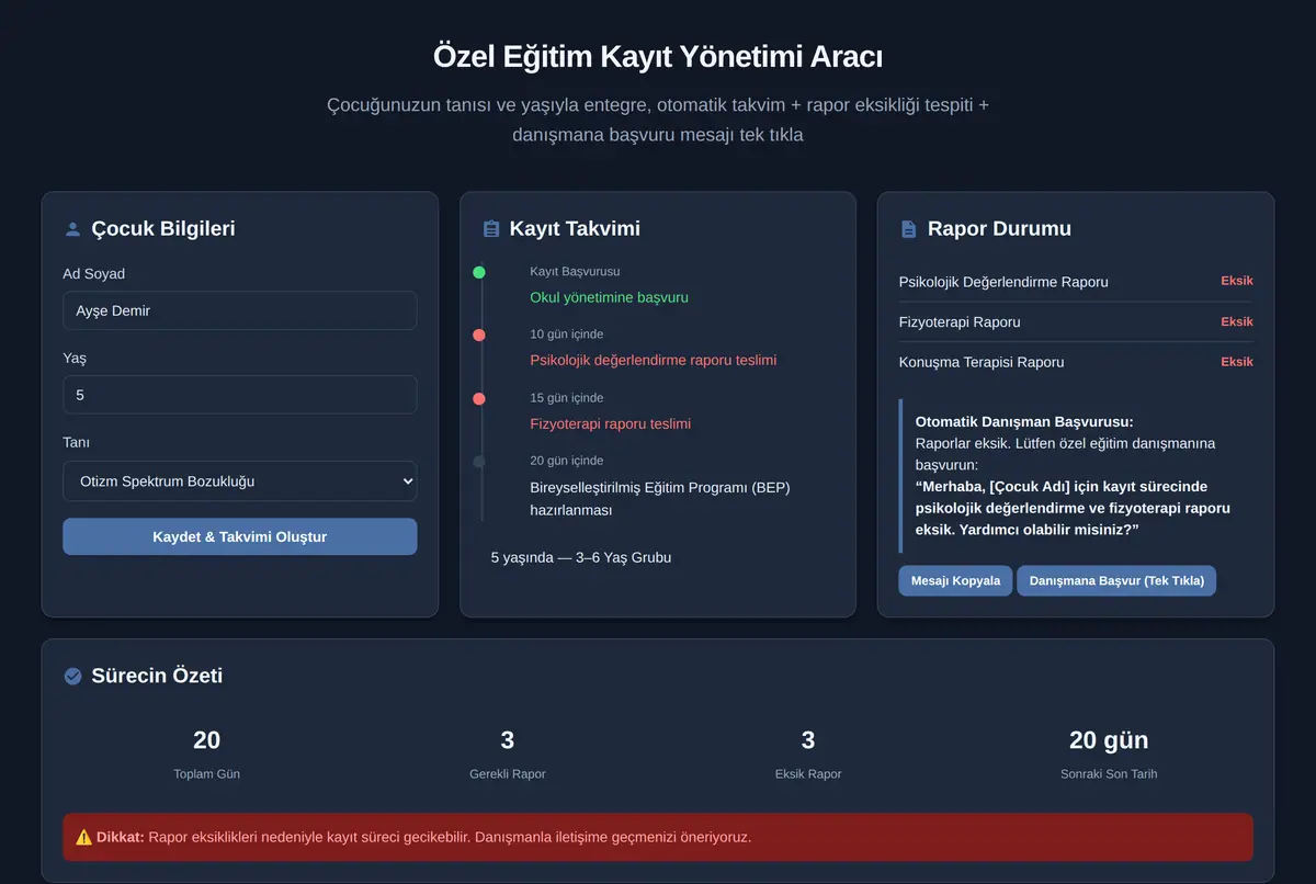 Özel Eğitim Kayıt Yönetimi Aracı ekran görüntüsü 2