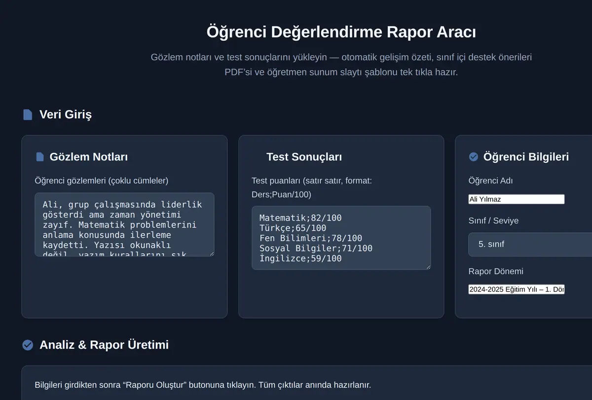Öğrenci Değerlendirme Rapor Aracı ekran görüntüsü
