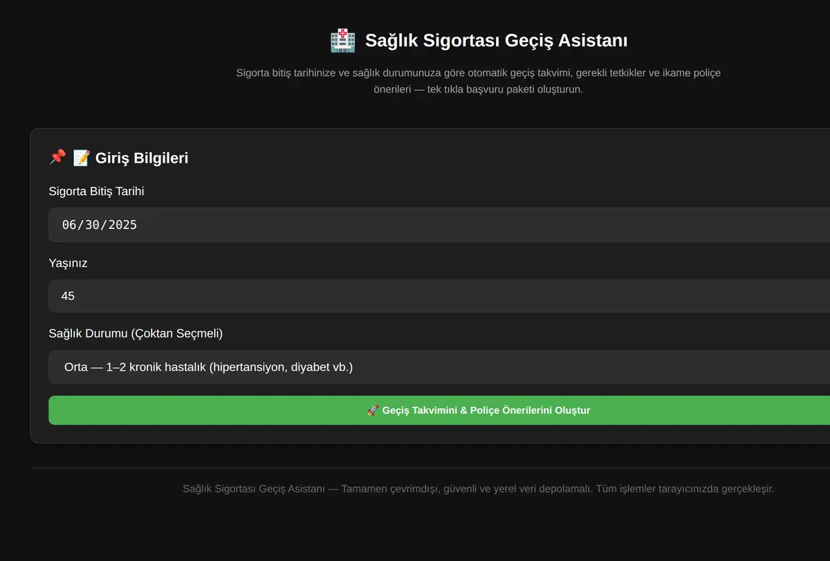 Sağlık Sigortası Geçiş Asistanı ekran görüntüsü