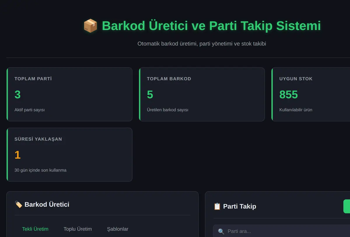 Barkod Üretici ve Parti Takip Sistemi ekran görüntüsü