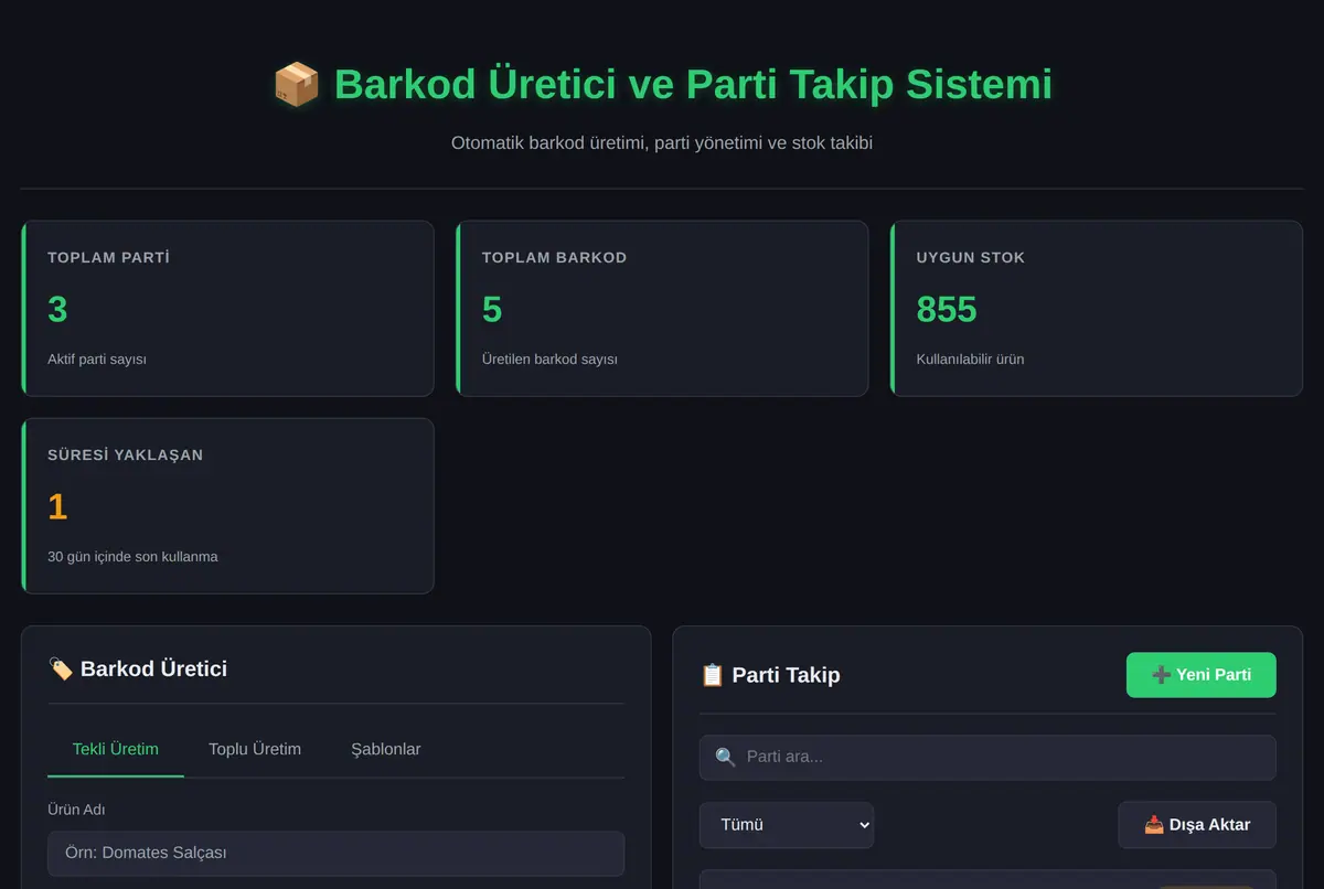 Barkod Üretici ve Parti Takip Sistemi ekran görüntüsü 2