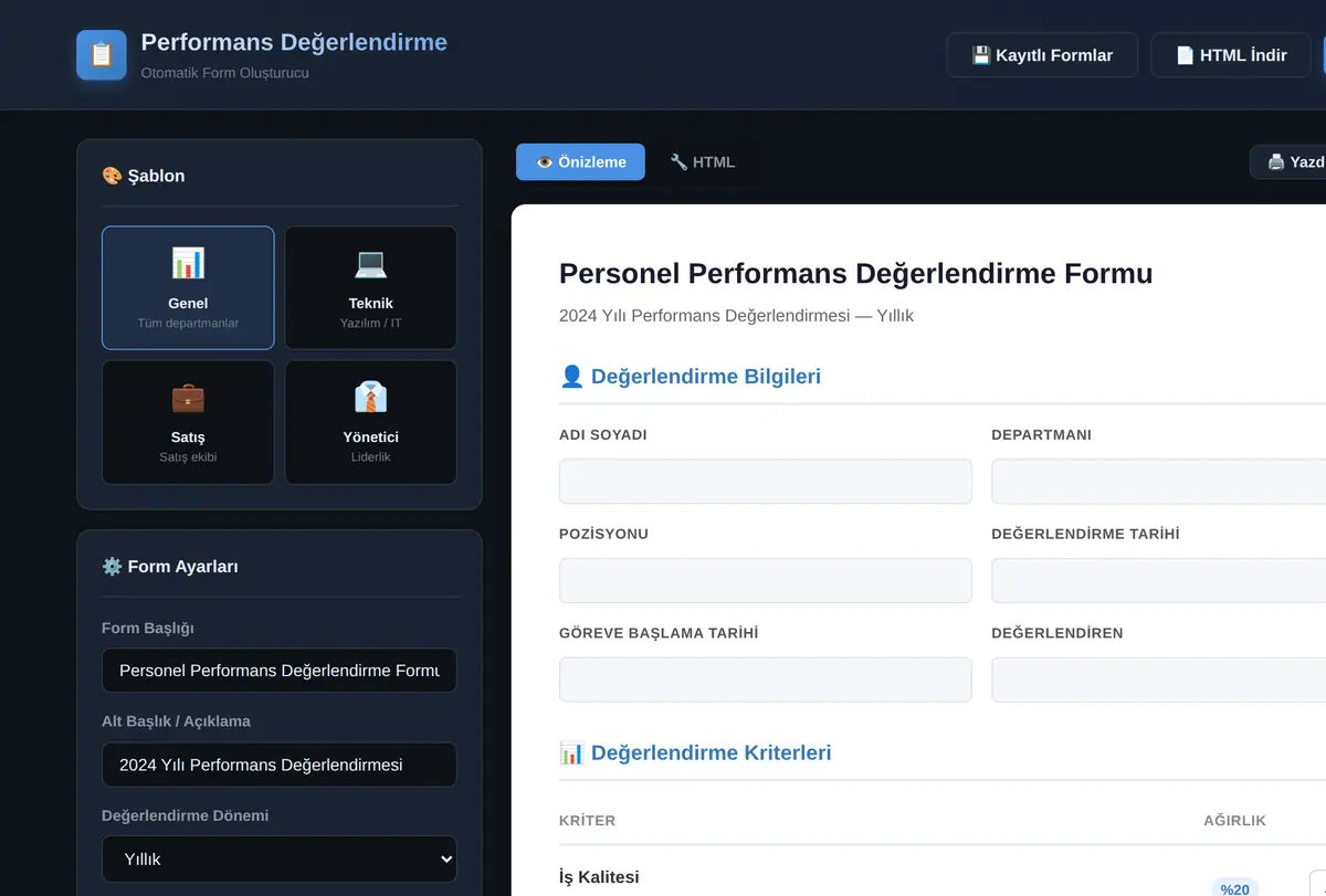 Personel Performans Değerlendirme Formu Oluşturucu ekran görüntüsü