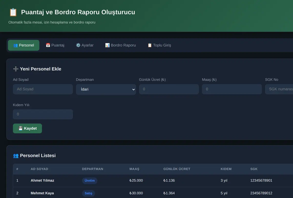 Puantaj ve Bordro Raporu Oluşturucu ekran görüntüsü