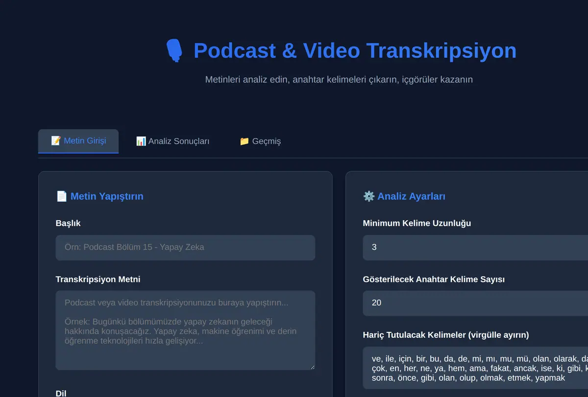 Podcast & Video Transkripsiyon ve Anahtar Kelime Çıkarıcı ekran görüntüsü