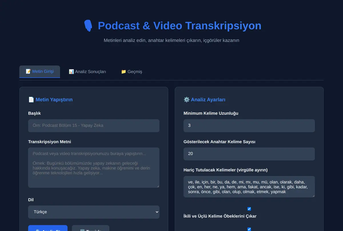 Podcast & Video Transkripsiyon ve Anahtar Kelime Çıkarıcı ekran görüntüsü 2