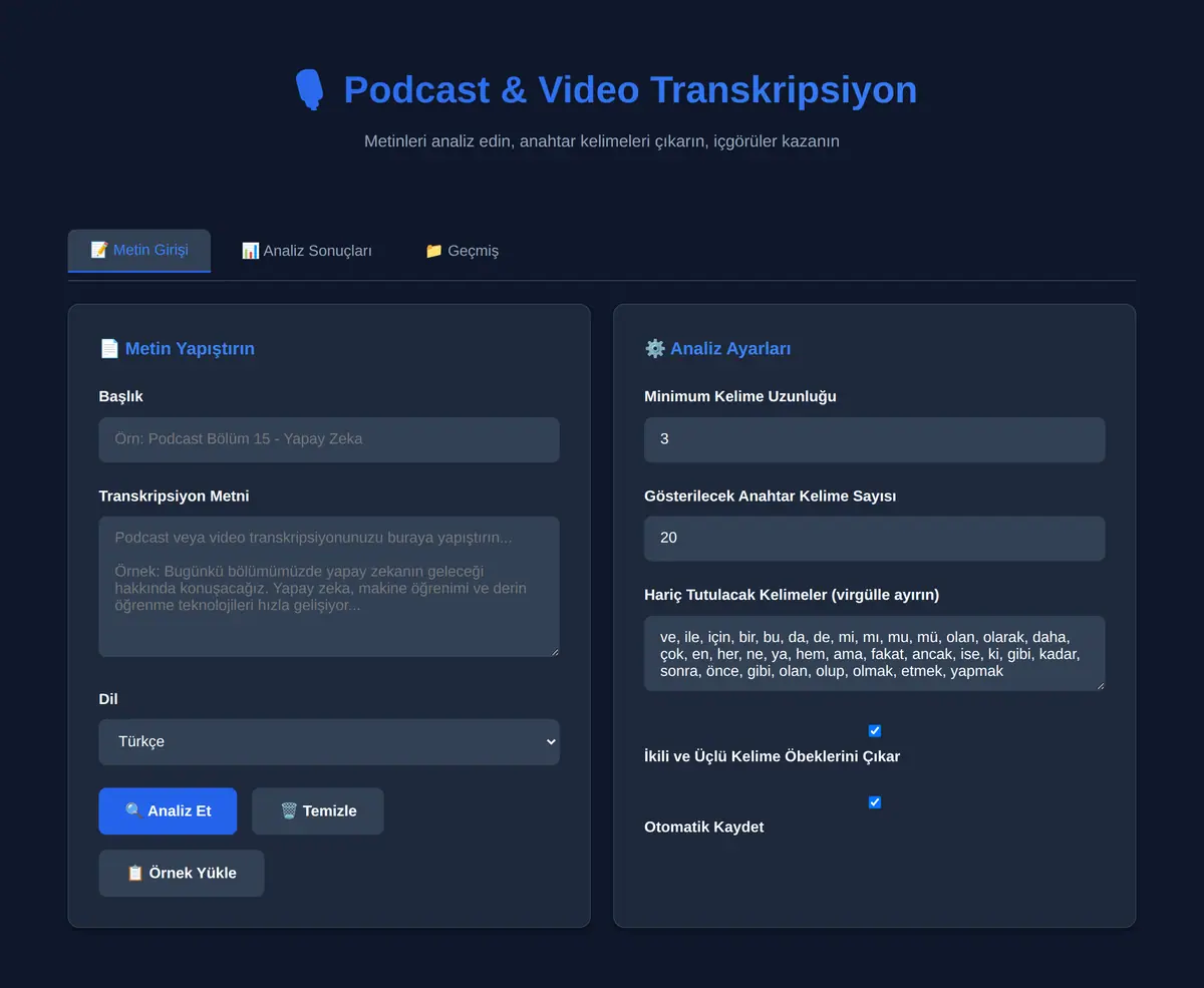 Podcast & Video Transkripsiyon ve Anahtar Kelime Çıkarıcı ekran görüntüsü 3