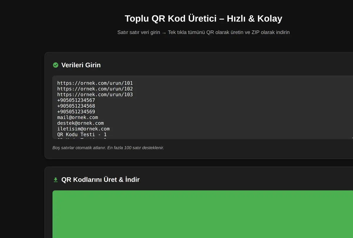 Toplu QR Kod Üretici - Hızlı & Kolay ekran görüntüsü