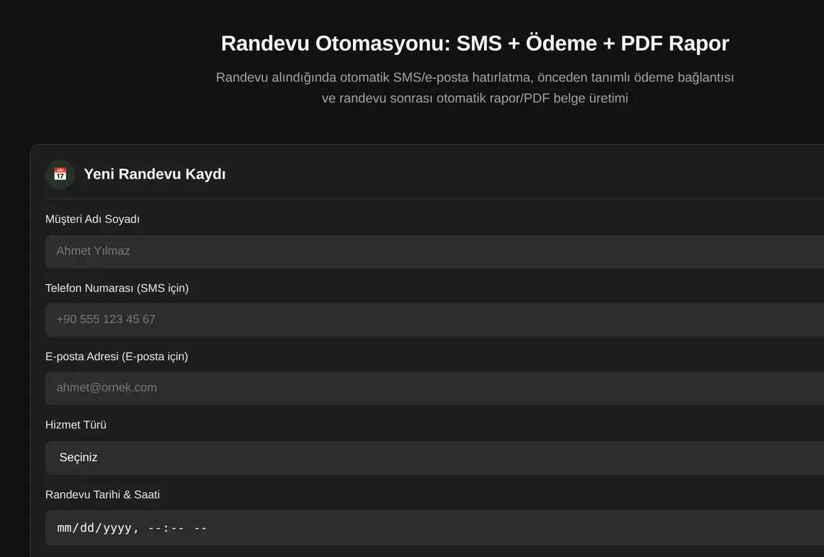 Randevu Otomasyonu: SMS + Ödeme + PDF Rapor ekran görüntüsü