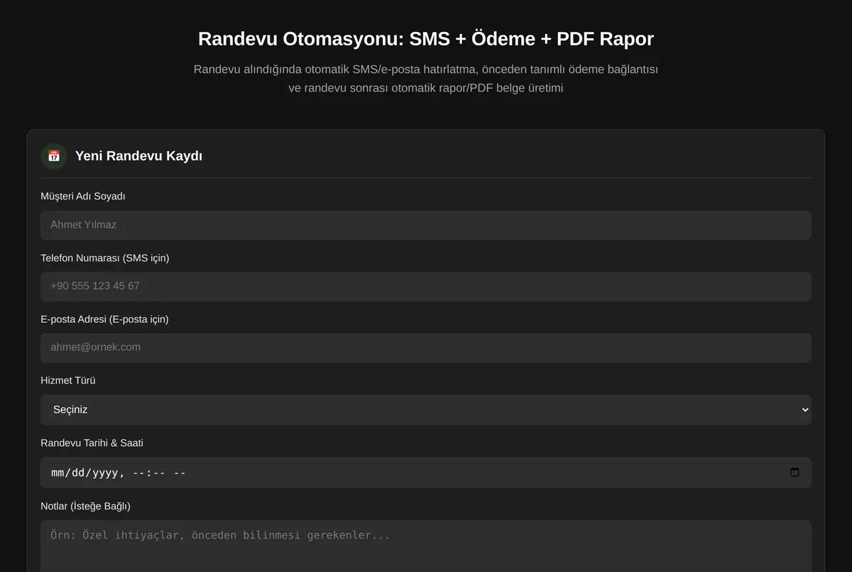 Randevu Otomasyonu: SMS + Ödeme + PDF Rapor ekran görüntüsü 2