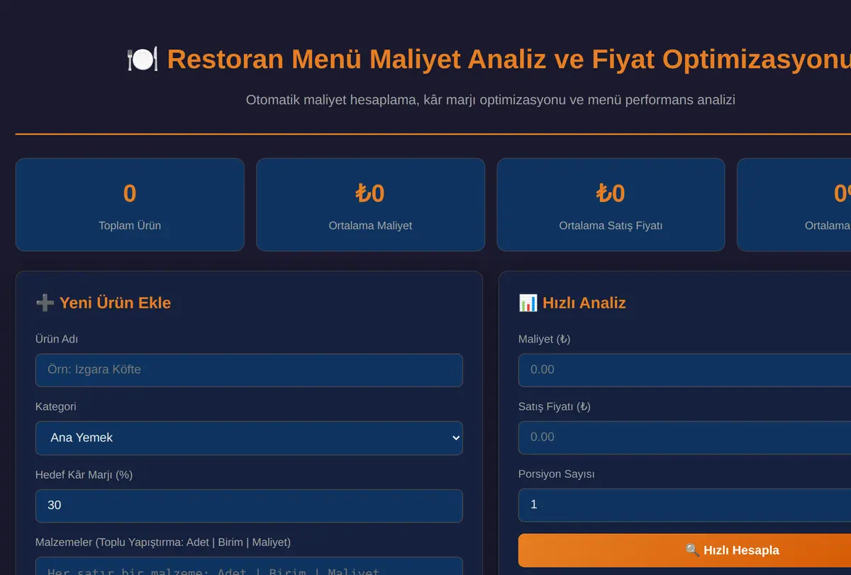 Restoran Menü Maliyet Analiz ve Fiyat Optimizasyonu ekran görüntüsü