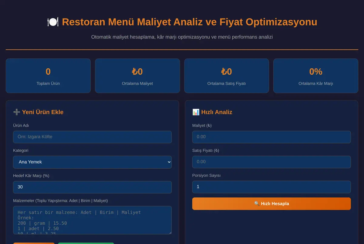 Restoran Menü Maliyet Analiz ve Fiyat Optimizasyonu ekran görüntüsü 2