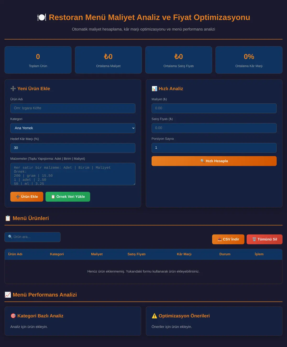 Restoran Menü Maliyet Analiz ve Fiyat Optimizasyonu ekran görüntüsü 3
