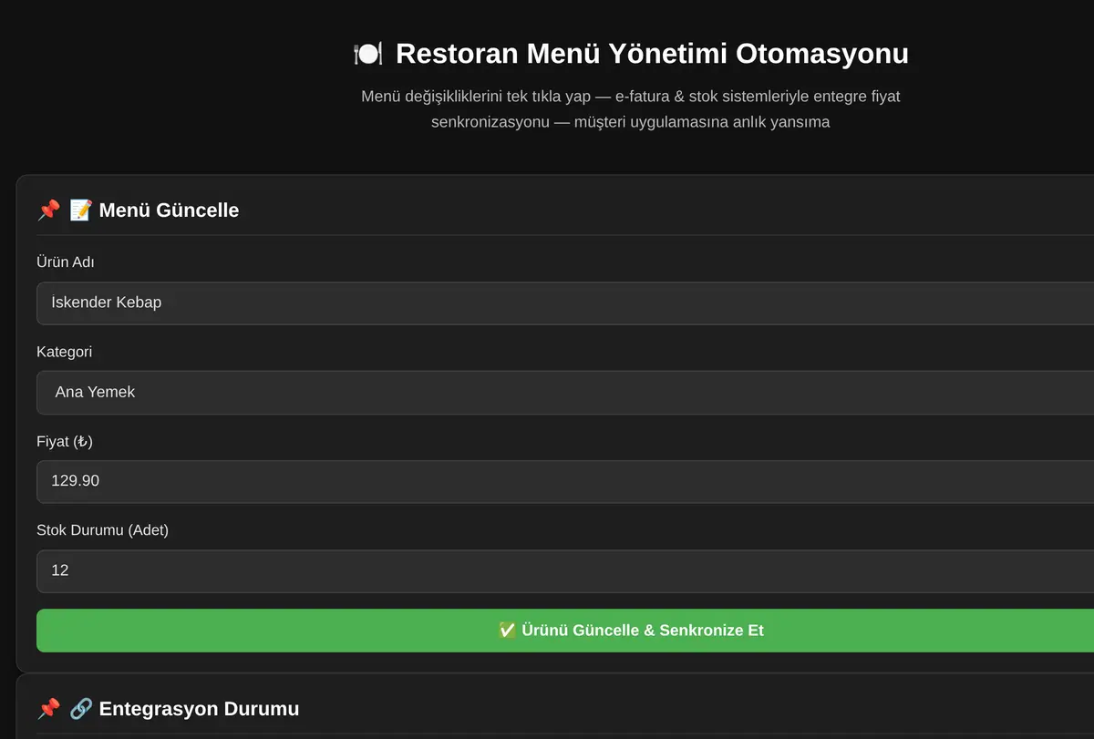 Restoran Menü Yönetimi Otomasyonu ekran görüntüsü