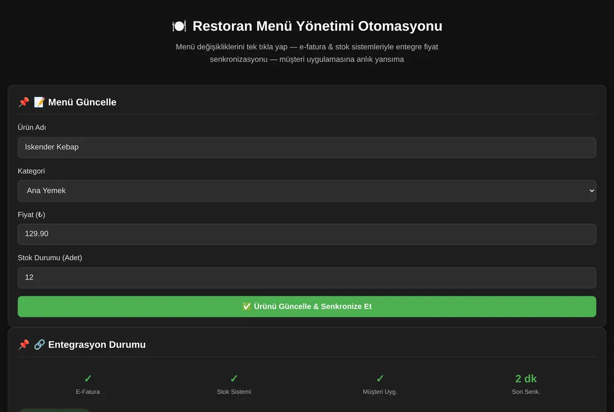 Restoran Menü Yönetimi Otomasyonu ekran görüntüsü 2