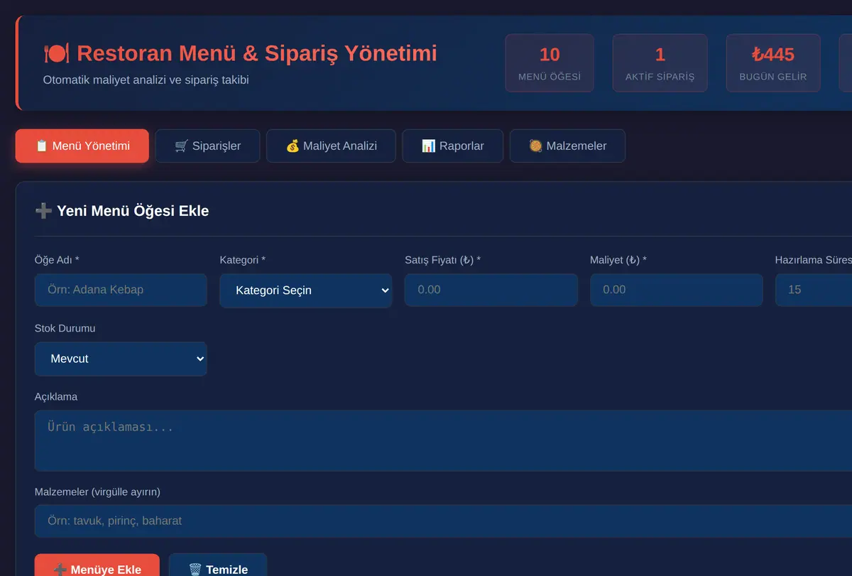 Restoran Menü & Sipariş Yönetimi ekran görüntüsü