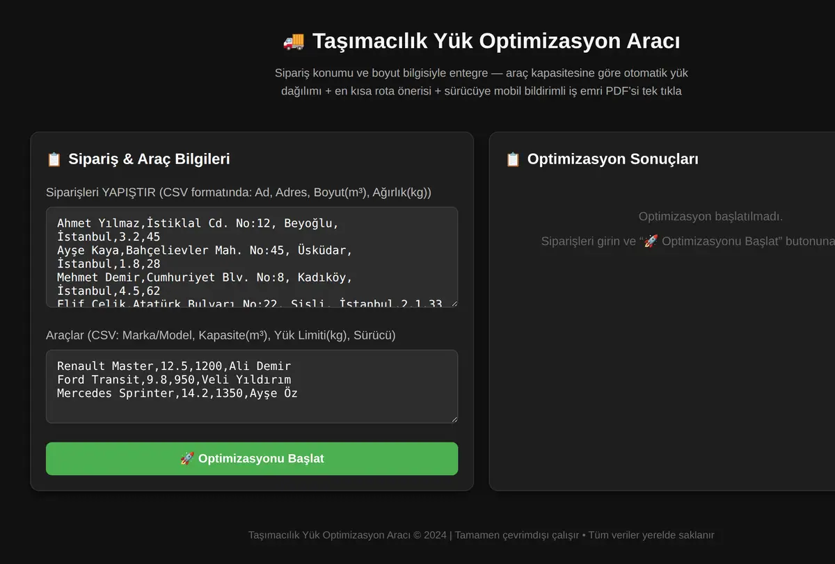 Taşımacılık Yük Optimizasyon Aracı ekran görüntüsü