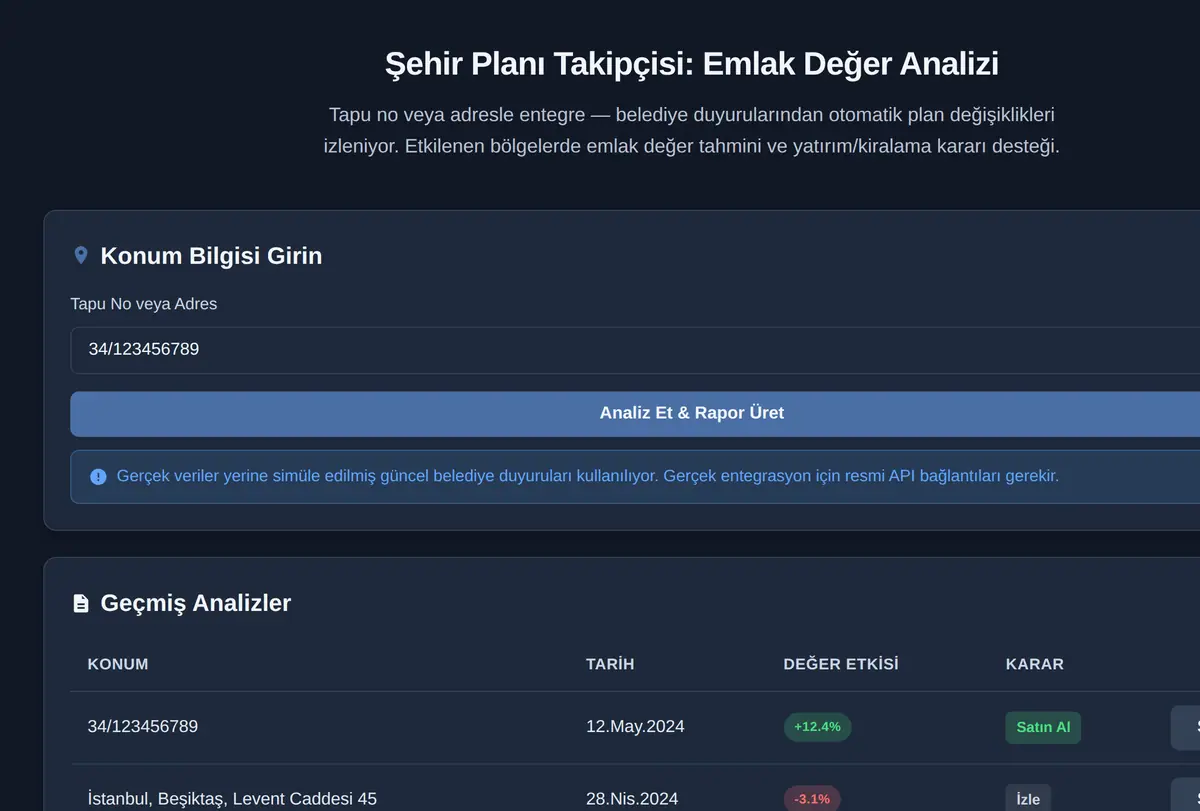 Şehir Planı Takipçisi: Emlak Değer Analizi ekran görüntüsü
