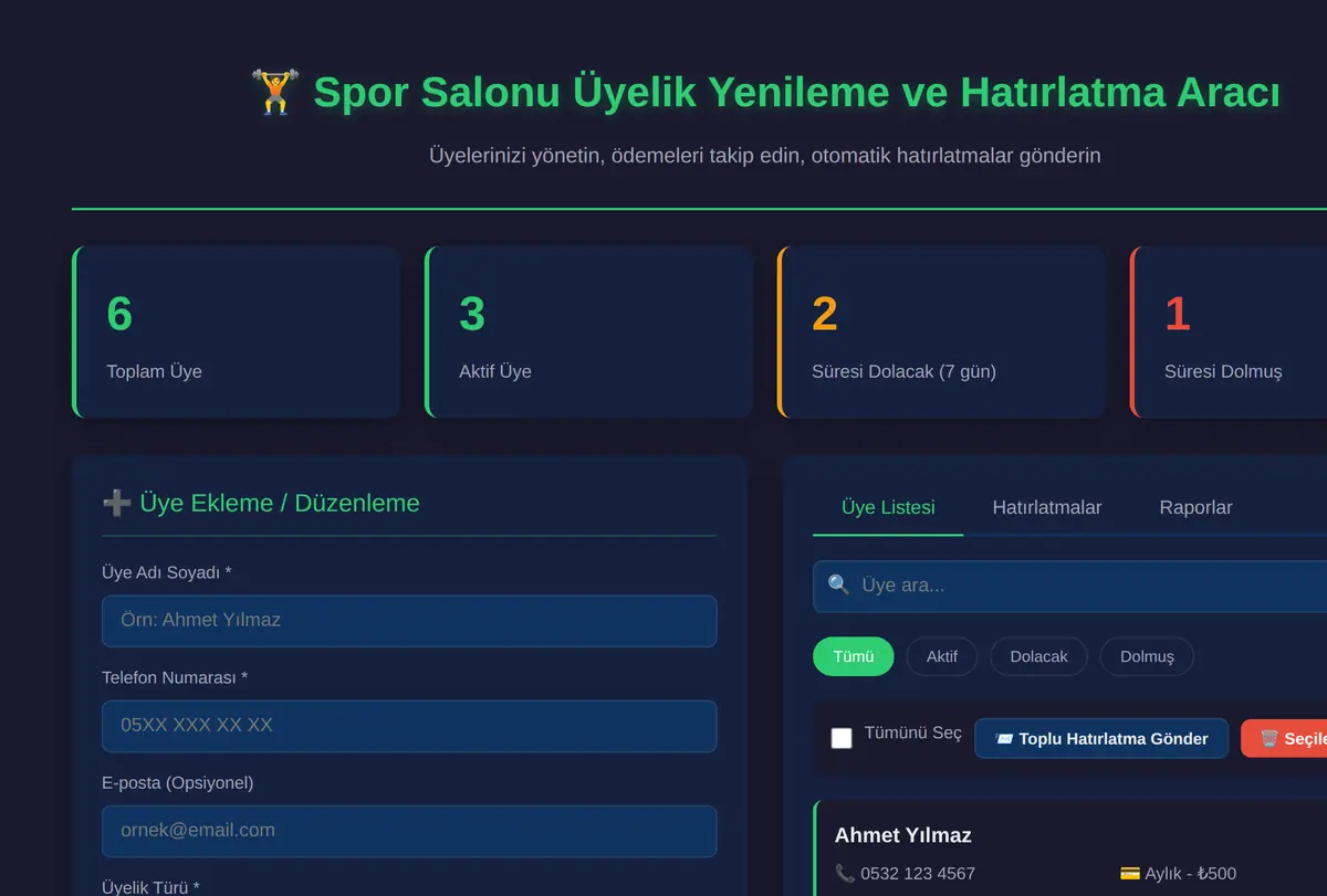 Spor Salonu Üyelik Yenileme ve Hatırlatma Aracı ekran görüntüsü