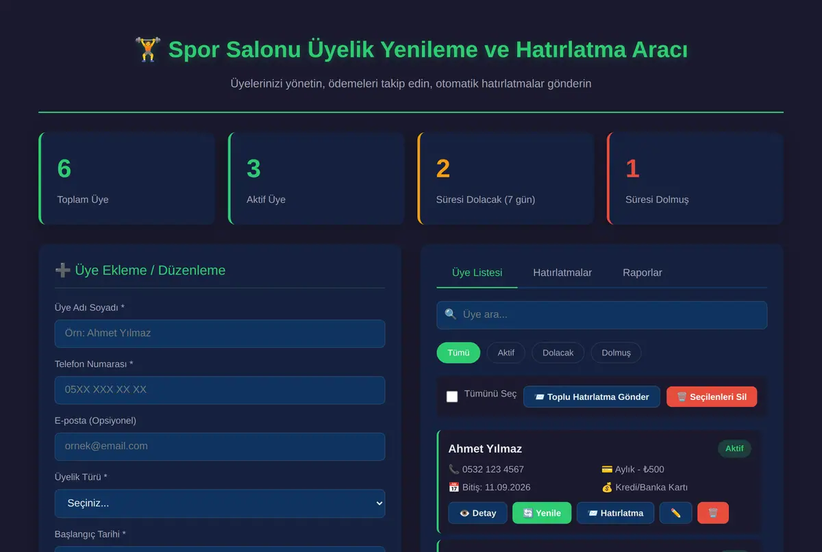 Spor Salonu Üyelik Yenileme ve Hatırlatma Aracı ekran görüntüsü 2