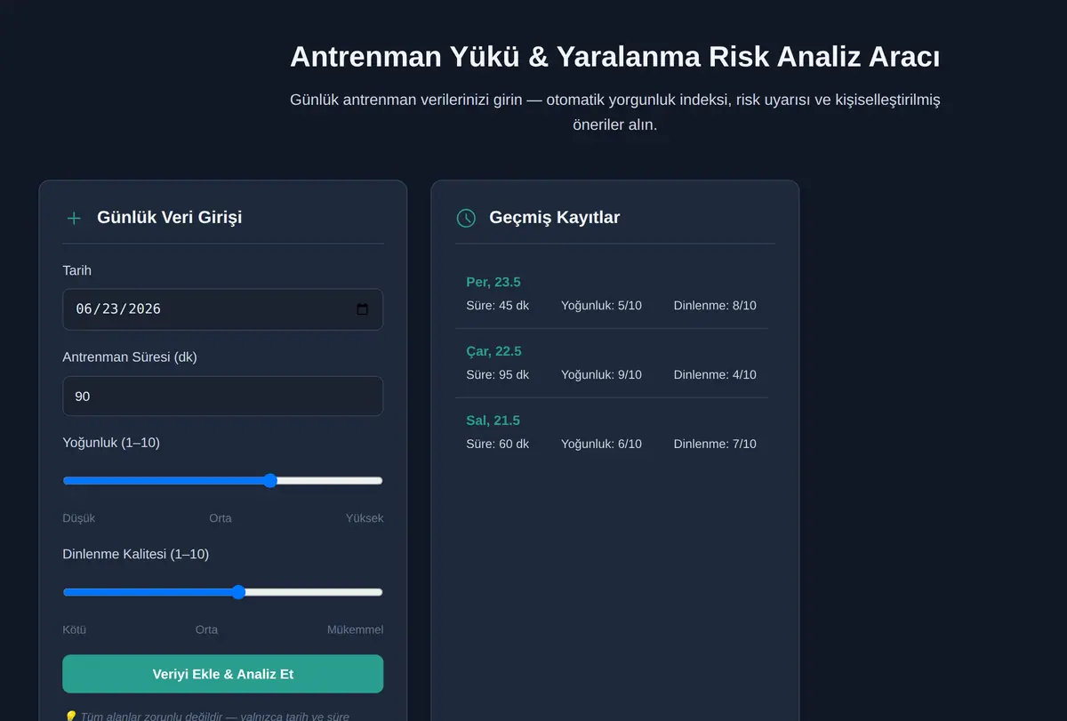 Antrenman Yükü & Yaralanma Risk Analiz Aracı ekran görüntüsü