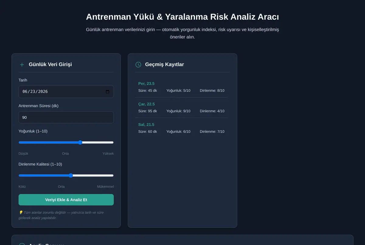 Antrenman Yükü & Yaralanma Risk Analiz Aracı ekran görüntüsü 2