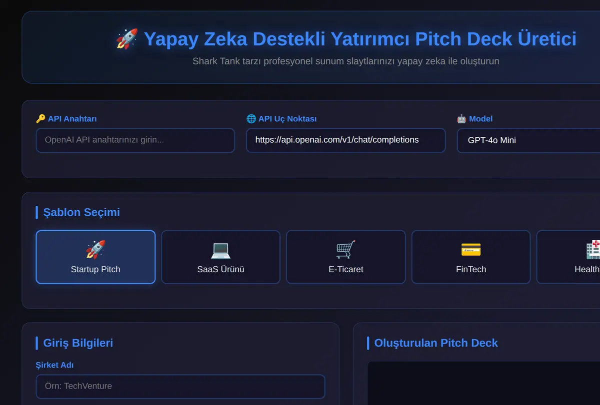 Yapay Zeka Destekli Yatırımcı Pitch Deck Üretici ekran görüntüsü
