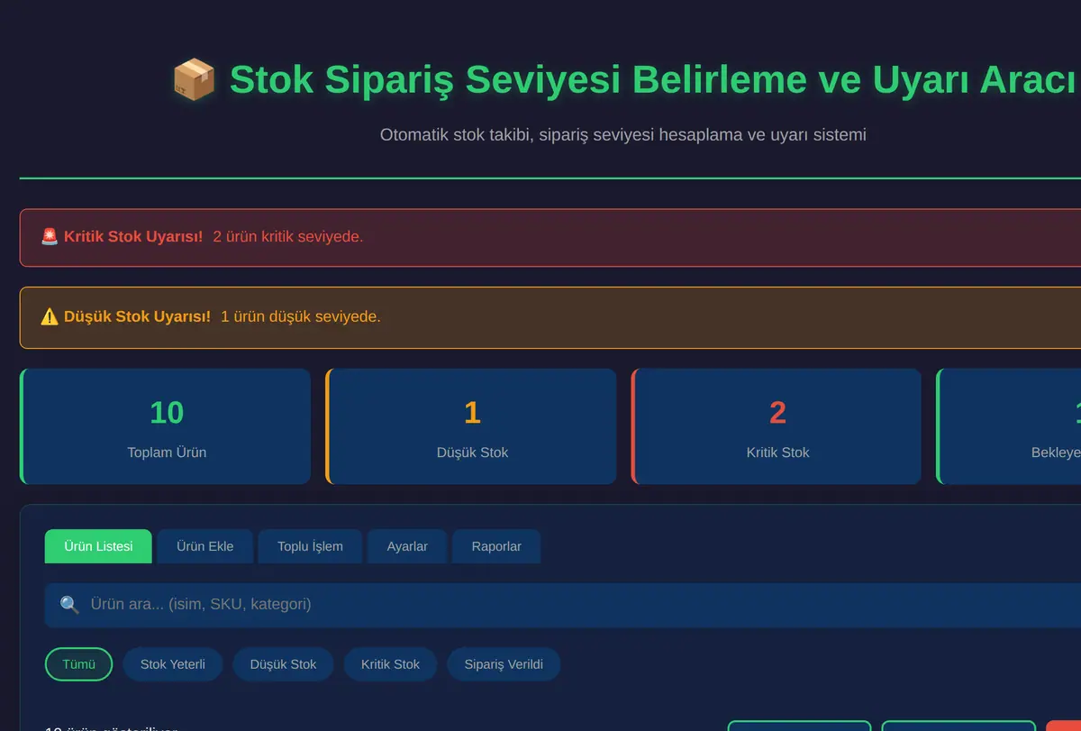 Stok Sipariş Seviyesi Belirleme ve Uyarı Aracı ekran görüntüsü
