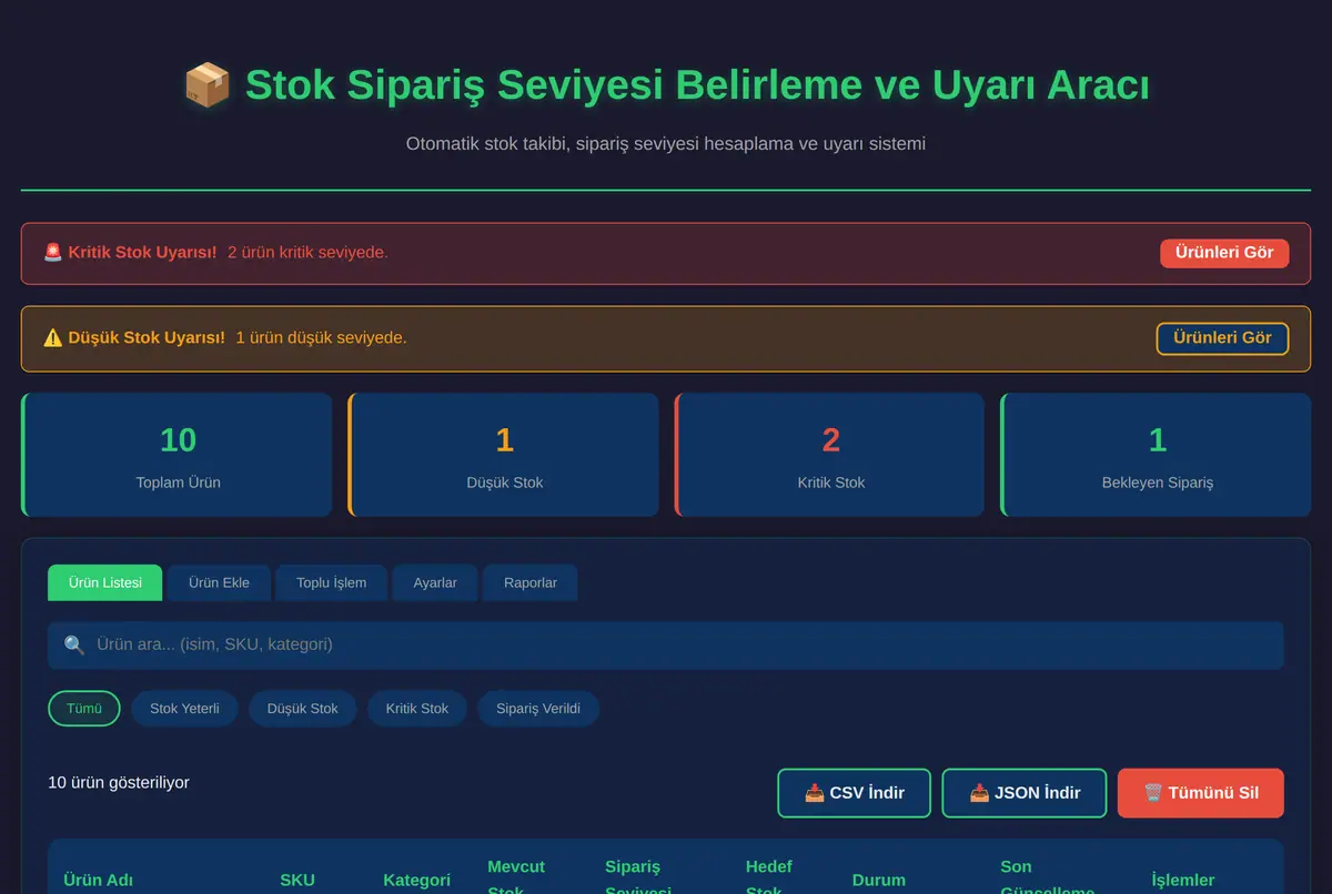 Stok Sipariş Seviyesi Belirleme ve Uyarı Aracı ekran görüntüsü 2