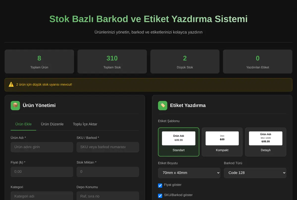 Stok Bazlı Barkod ve Etiket Yazdırma Sistemi ekran görüntüsü 2