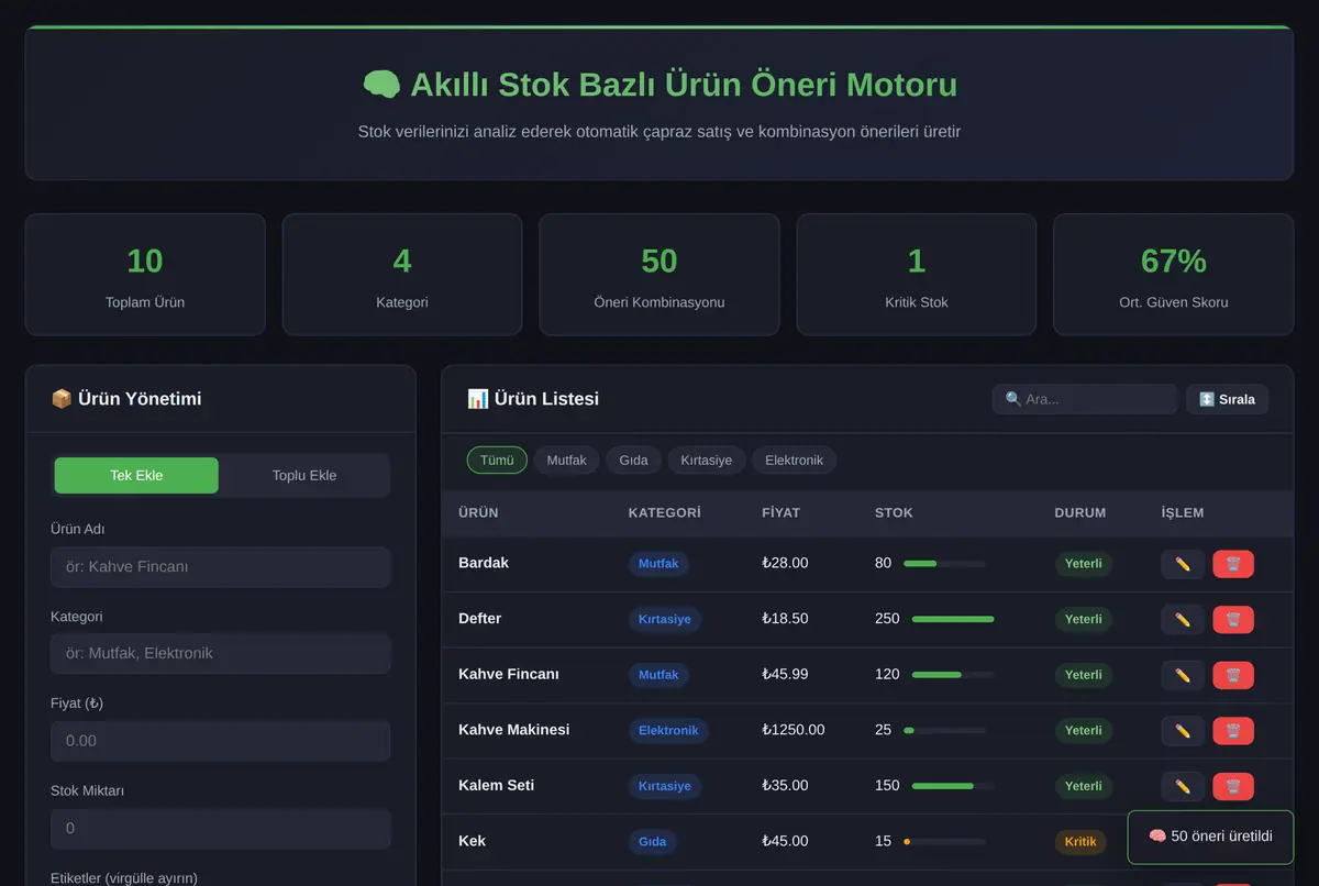 Akıllı Stok Bazlı Ürün Öneri Motoru ekran görüntüsü 2