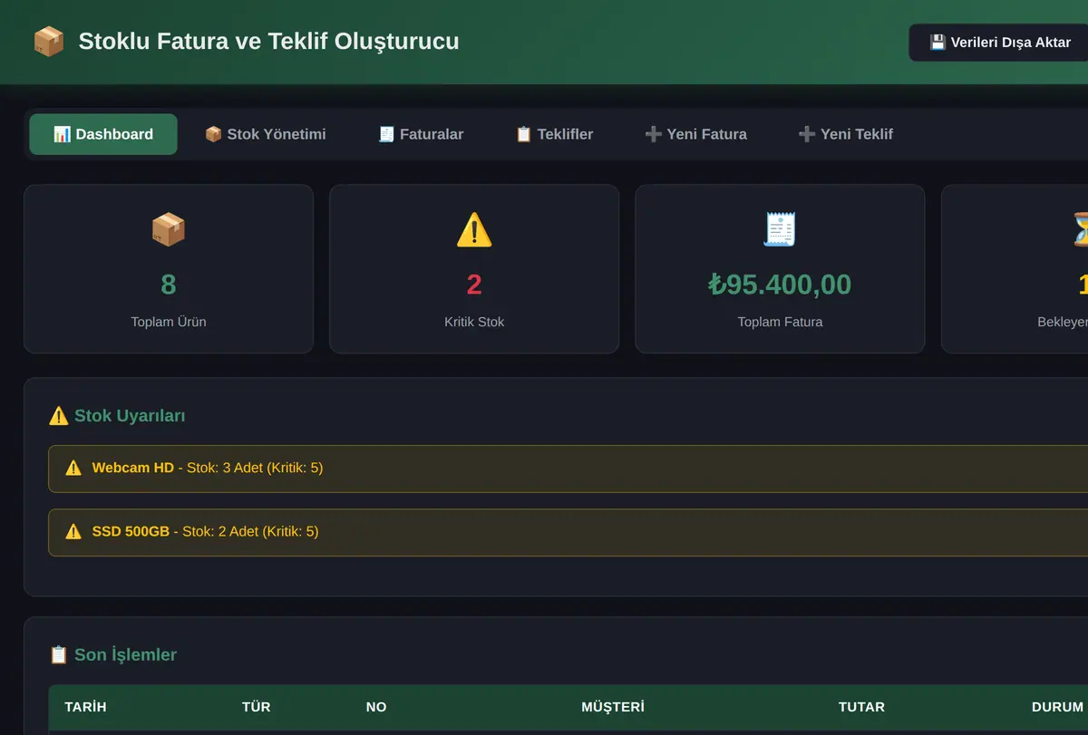 Stoklu Fatura ve Teklif Oluşturucu ekran görüntüsü